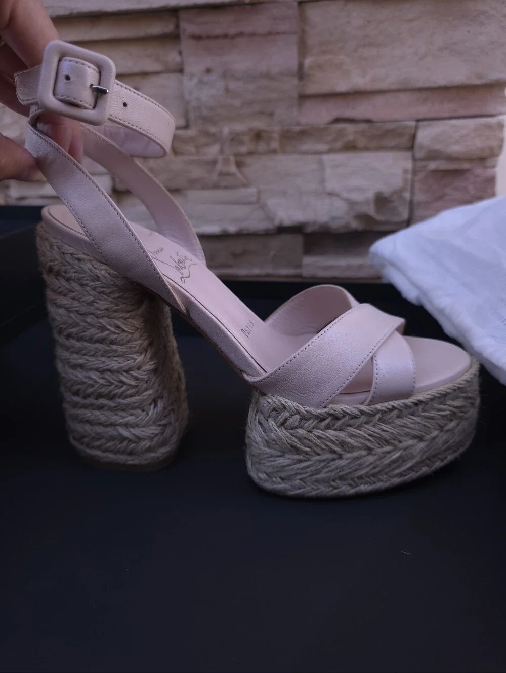 Christian Louboutin Nude Pink Leather Platform Espadrille Sandals
